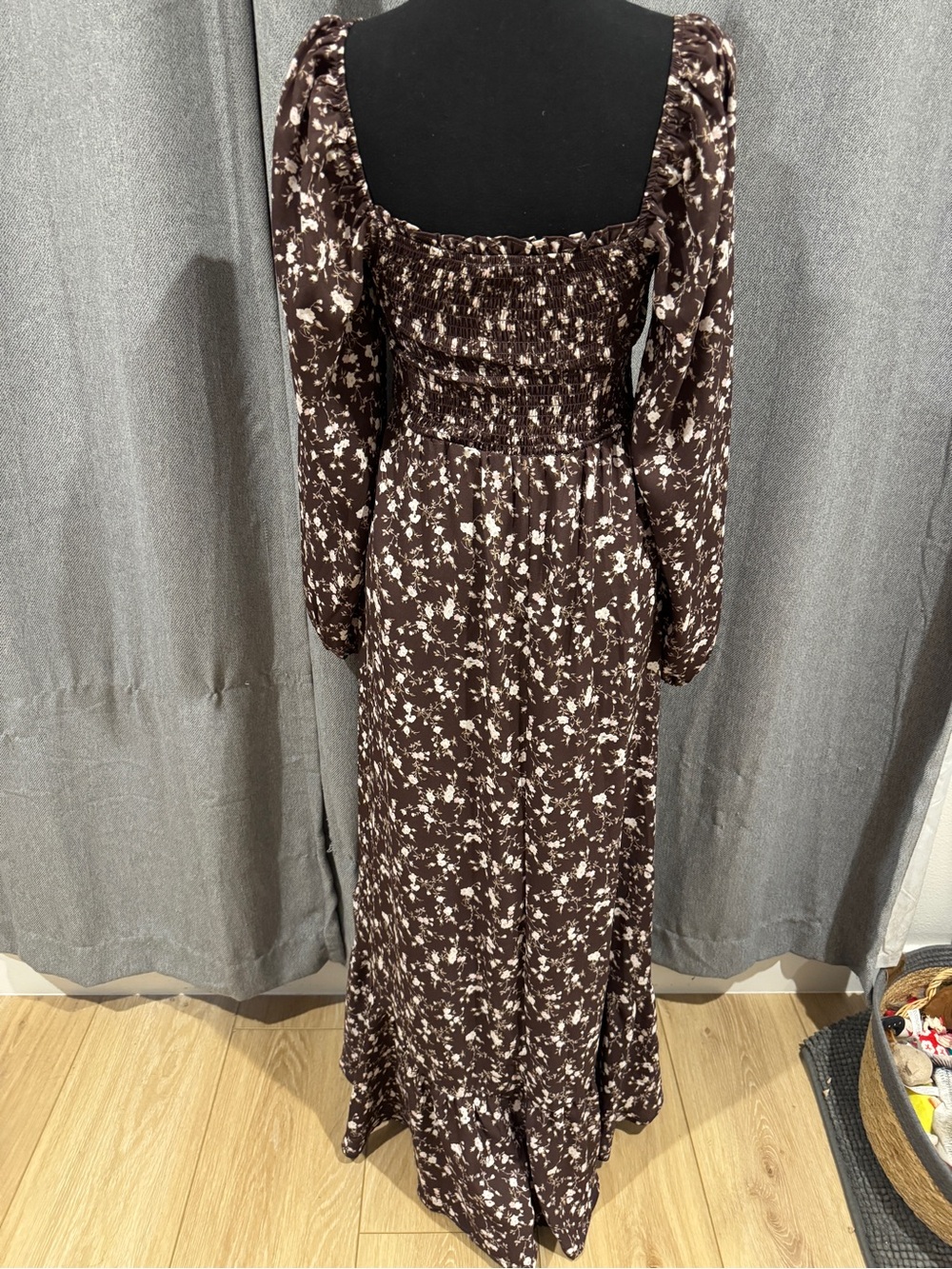 High-Low Smocked Square-Neck Long Sleeve Floral Dress - Brown -Size Small - Picture 4 of 6